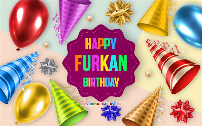 Buon compleanno Furkan, 4k, Compleanno Palloncino Sfondo, Furkan, arte creativa, fiocchi di seta, Compleanno Furkan, Sfondo festa di compleanno