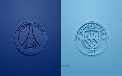 PSG vs Manchester City FC, UEFA Champions League, semi-finals, 3D logos, blue background, Champions League, football match, PSG, Manchester City FC, Paris Saint-Germain vs Manchester City FC