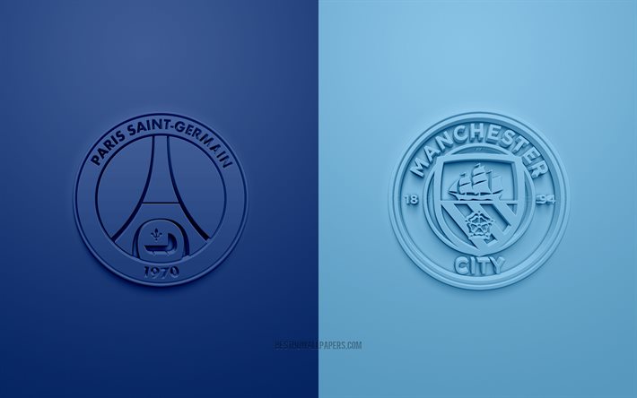 PSG vs Manchester City FC, UEFA Champions League, demi-finales, logos 3D, fond bleu, Ligue des Champions, match de football, PSG, Manchester City FC, Paris Saint-Germain vs Manchester City FC
