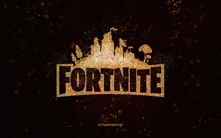 Fortnite glitter logo, musta tausta, Fortnite logo, keltainen glitter taide, Fortnite, luova taide, Fortnite keltainen glitter logo