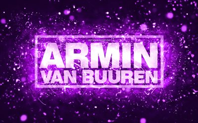 Armin van Buuren violett logotyp, 4k, holl&#228;ndska DJs, violett neonljus, kreativ, gr&#246;n abstrakt bakgrund, Armin van Buuren logotyp, musikstj&#228;rnor, Armin van Buuren