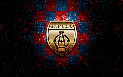 Altinordu FC, glitter logotyp, 1 Lig, bl&#229; r&#246;d rutig bakgrund, fotboll, turkisk fotbollsklubb, Altinordu logotyp, mosaik konst, TFF First League, Altinordu FK