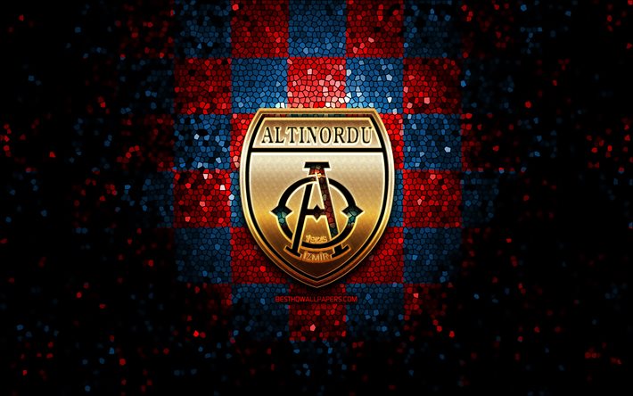 Altinordu FC, logo paillet&#233;, 1 Lig, fond &#224; carreaux rouge bleu, football, club de football turc, logo Altinordu, art mosa&#239;que, TFF First League, Altinordu FK