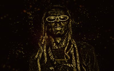 Lil Wayne, gold glitter art, black background, American rapper, Lil Wayne art, Dwayne Michael Carter