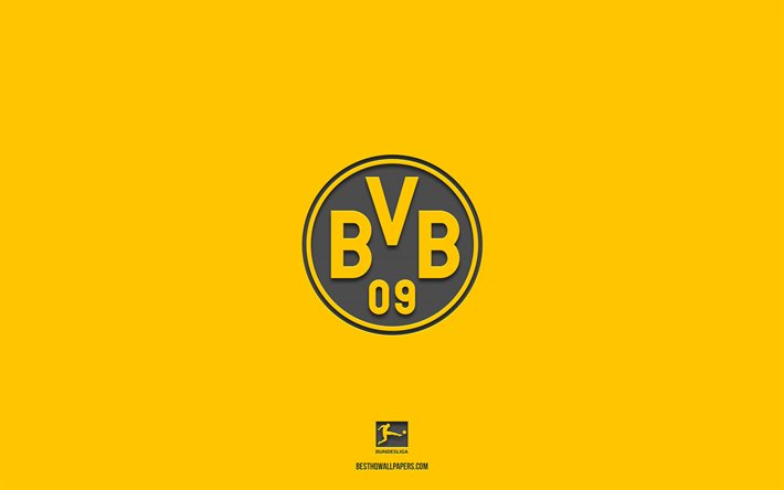 Borussia Dortmund, fundo amarelo, time de futebol alem&#227;o, emblema do Borussia Dortmund, Bundesliga, Alemanha, futebol, logotipo do Borussia Dortmund