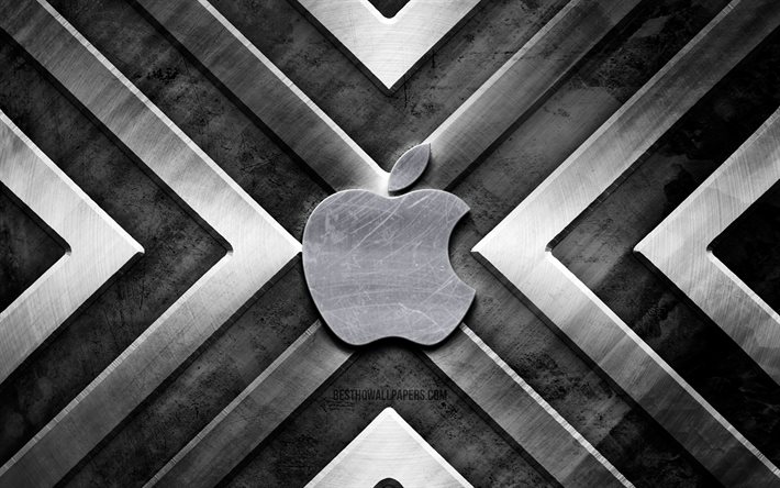 Logo m&#233;tallique Apple, 4k, fond m&#233;tal gris, marques, fl&#232;ches m&#233;talliques, logo Apple, cr&#233;atif, Apple