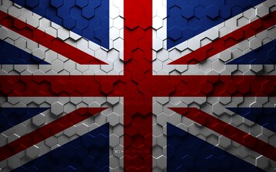 Drapeau du Royaume-Uni, art en nid d&#39;abeille, drapeau des hexagones du Royaume-Uni, Royaume-Uni, art des hexagones 3d, drapeau du Royaume-Uni, Grande-Bretagne