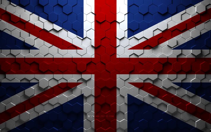 Bandeira do Reino Unido, arte do favo de mel, bandeira dos hex&#225;gonos do Reino Unido, Reino Unido, arte dos hex&#225;gonos 3D, bandeira do Reino Unido, Gr&#227;-Bretanha