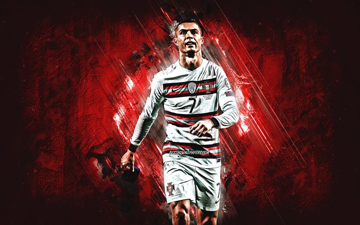 Cristiano Ronaldo, Portugalin jalkapallomaajoukkue, CR7, punainen kivitausta, grunge-taide, jalkapallo, Portugali
