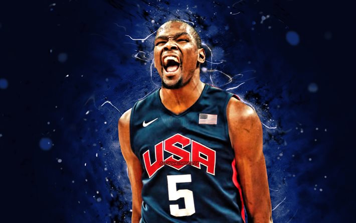 Kevin Durant, 4k, ABD Basketbol Erkek Milli Takımı, mavi neon ışıklar, Kevin Wayne Durant, basketbol, ABD erkek milli basketbol takımı, yaratıcı, Kevin Durant 4K