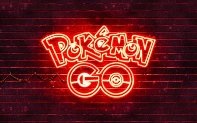 Emblema rosso di Pokemon Go, 4k, muro di mattoni rosso, emblema di Pokemon Go, marchi di giochi, emblema al neon di Pokemon Go, Pokemon Go