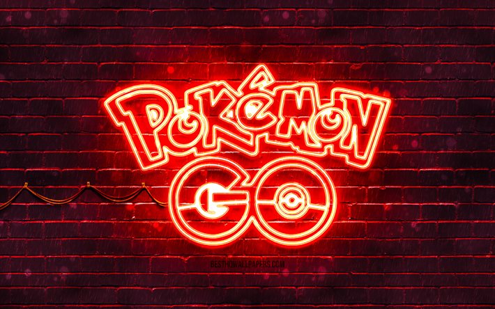 Pokemon Go -punainen tunnus, 4k, punainen tiilisein&#228;, Pokemon Go -tunnus, pelimerkit, Pokemon Go -neonitunnus, Pokemon Go