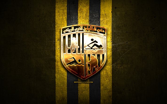 Arab Contractors FC, golden logo, Egyptian Premier League, yellow metal background, football, EPL, egyptian football club, Arab Contractors logo, soccer, FC Arab Contractors