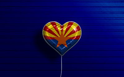 J&#39;aime l&#39;Arizona, 4k, ballons r&#233;alistes, fond en bois bleu, &#201;tats-Unis d&#39;Am&#233;rique, coeur de drapeau de l&#39;Arizona, drapeau de l&#39;Arizona, ballon avec drapeau, &#233;tats am&#233;ricains, amour de l&#39;Arizona, USA