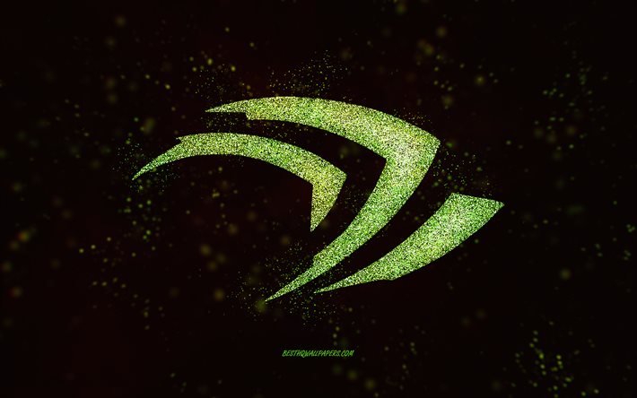 Logo de paillettes Nvidia, fond noir, logo Nvidia, art de paillettes vertes, Nvidia, art cr&#233;atif, logo de paillettes vertes Nvidia