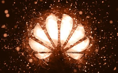 Huawei brun logotyp, 4k, bruna neonljus, kreativ, brun abstrakt bakgrund, Huawei logotyp, varum&#228;rken, Huawei