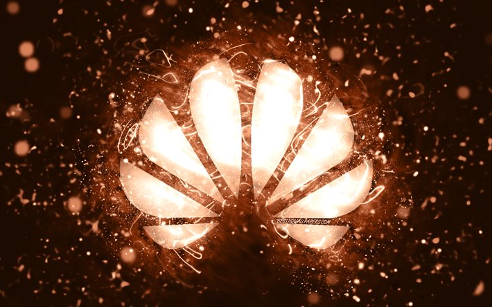 Huawei ruskea logo, 4k, ruskeat neonvalot, luova, ruskea abstrakti tausta, Huawei-logo, tuotemerkit, Huawei