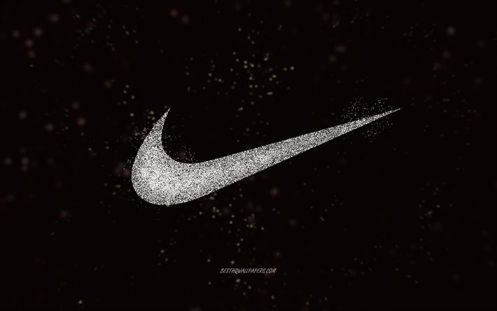 Nike vit logotyp, svart bakgrund, Nike logotyp, vit glitter konst, Nike, kreativ konst, Nike rosa vit logotyp