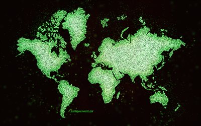 Mappa del mondo glitter, sfondo nero, mappa del mondo, arte verde glitter, concetti di mappa del mondo, arte creativa, mappa verde del mondo, mappa dei continenti