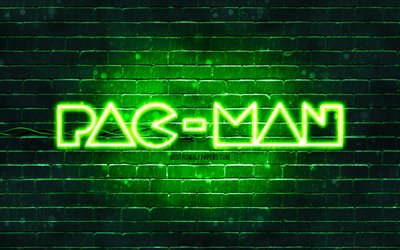 Logotipo verde do Pac-Man, 4k, parede de tijolos verde, logotipo do Pac-Man, logotipo de n&#233;on do Pac-Man, Pac-Man