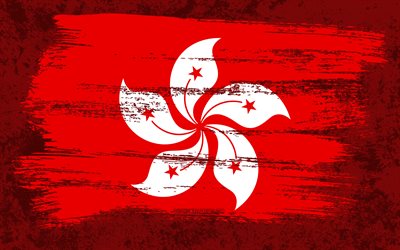 4k, Hongkongs flagga, grungeflaggor, asiatiska l&#228;nder, nationella symboler, penseldrag, grungekonst, Asien, Hongkong