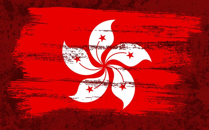 4k, Hongkongin lippu, grunge-liput, Aasian maat, kansalliset symbolit, siveltimenveto, grunge-taide, Aasia, Hong Kong
