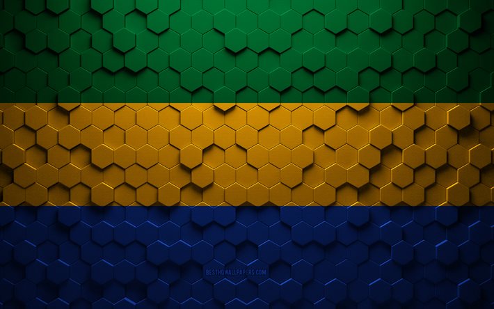 Flag of Gabon, honeycomb art, Gabon hexagons flag, Gabon, 3d hexagons art, Gabon flag