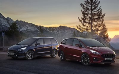 2021, Ford S-Max, Ford Galaxy, comparison, exterior, front view, new red S-Max, new blue Galaxy, minivans, American cars, Ford