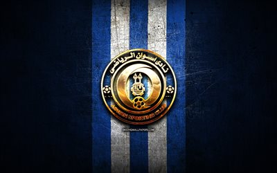 アスワンFC, 金色のロゴ, エジプトプレミアリーグ, 青い金属の背景, フットボール。, EPL, エジプトのサッカークラブ, アスワンのロゴ, サッカー, アスワンSC