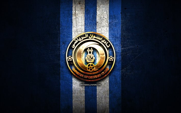 Aswan FC, golden logo, Egyptian Premier League, blue metal background, football, EPL, egyptian football club, Aswan logo, soccer, Aswan SC
