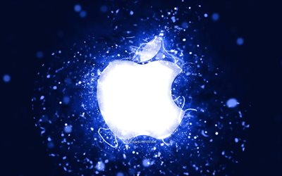 Applen tummansininen logo, 4k, tummansiniset neonvalot, luova, tummansininen abstrakti tausta, Apple-logo, tuotemerkit, Apple