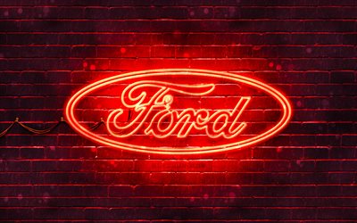 Ford red logo, 4k, red brickwall, Ford logo, cars brands, Ford neon logo, Ford