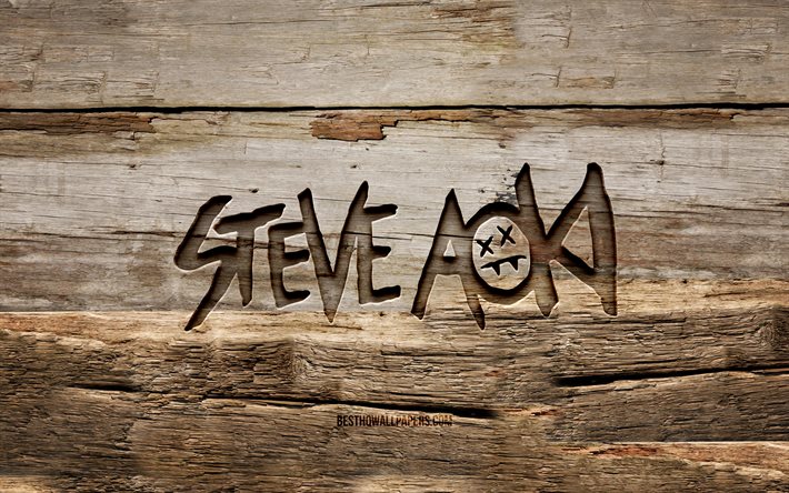 Logo en bois de Steve Aoki, 4K, DJ am&#233;ricains, fonds en bois, stars de la musique, Steve Hiroyuki Aoki, logo de Steve Aoki, cr&#233;atif, sculpture sur bois, Steve Aoki