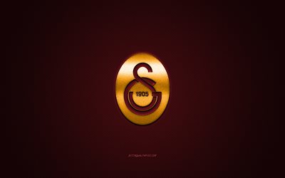 Galatasaray SK, turkkilainen ammattikoripalloseura, keltainen logo, viininpunainen hiilikuitutausta, Turkin liiga, koripallo, Istanbul, Turkki, Galatasaray SK-logo