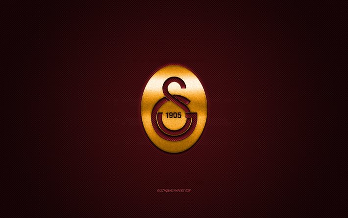 Galatasaray SK, club de baloncesto profesional turco, logo amarillo, fondo de fibra de carbono burdeos, Liga turca, baloncesto, Estambul, Turqu&#237;a, logo Galatasaray SK