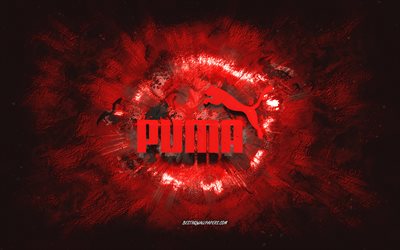 Logo Puma, arte grunge, sfondo pietra rossa, logo rosso Puma, Puma, arte creativa, logo grunge Puma rosso