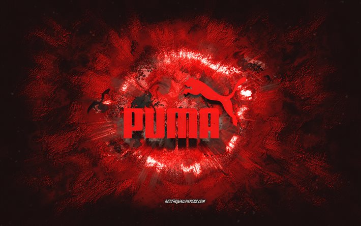 Puma logosu, grunge sanat, kırmızı taş arka plan, Puma kırmızı logo, Puma, yaratıcı sanat, kırmızı Puma grunge logosu