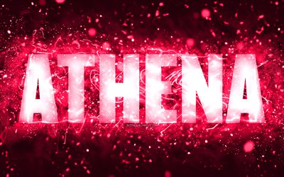 Happy Birthday Athena, 4k, pink neon lights, Athena name, creative, Athena Happy Birthday, Athena Birthday, popular american female names, picture with Athena name, Athena
