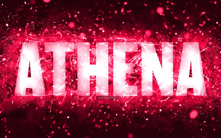 Buon compleanno Atena, 4k, luci al neon rosa, nome di Atena, creativo, buon compleanno di Atena, compleanno di Atena, nomi femminili americani popolari, foto con nome di Atena, Atena