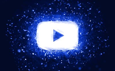 يوتيوب الأزرق الداكن شعار, 4k, الأزرق الداكن أضواء النيون, الشبكة الاجتماعية, الإبداعية, الأزرق الداكن خلفية مجردة, شعار Youtube, يوتيوب
