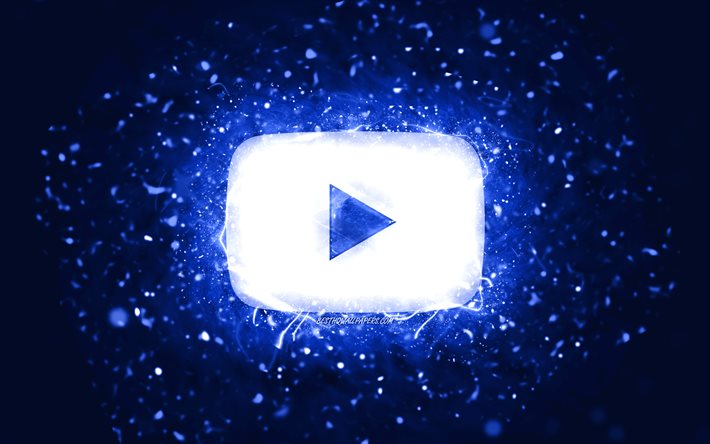 Youtube紺色のロゴ, 4k, 紺色のネオン, 社会的ネットワーク, 創造, 紺色の抽象的背景, Youtubeロゴ, Youtube