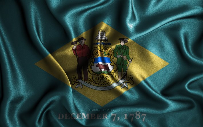 Delaware flag, 4k, silk wavy flags, american states, USA, Flag of Delaware, fabric flags, 3D art, Delaware, United States of America, Delaware 3D flag, US states