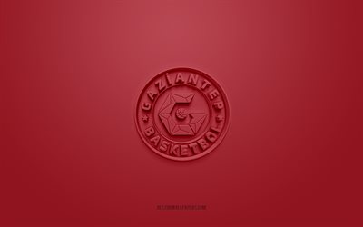 Gaziantep Basketbol, creative 3D logo, burgundy background, 3d emblem, Turkish basketball team, Turkish League, Gaziantep, Turkey, 3d art, basketball, Gaziantep Basketbol 3d logo