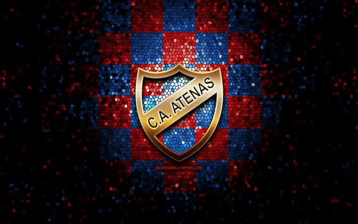 Atenas San Carlos FC, glitter logotyp, Uruguay Primera Division, bl&#229; r&#246;d rutig bakgrund, fotboll, uruguay football club, Atenas San Carlos logotyp, mosaik konst, Atenas San Carlos