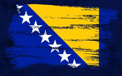 4k, Flagga av Bosnien och Hercegovina, grunge flaggor, Europeiska l&#228;nder, nationella symboler, penseldrag, Bosniska flaggan, grunge konst, Bosnien och Hercegovinas flagga, Europa, Bosnien och Hercegovina