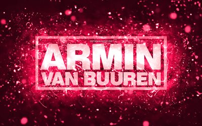 Armin van Buuren rosa logotipo de 4k, holandés DJs, luces de neón de color rosa, creativo, rosa resumen de fondo, Armin van Buuren logotipo, estrellas de la música, Armin van Buuren