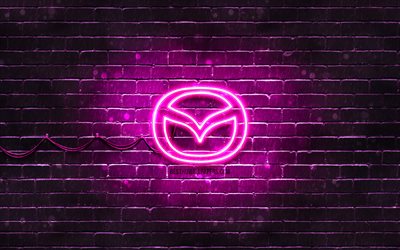 Mazda violette logo, 4k, violet brickwall, logo Mazda, voitures, marques, fluo logo Mazda, Mazda