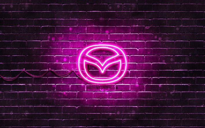 Mazda purple logo, 4k, purple brickwall, Mazda logo, cars brands, Mazda neon logo, Mazda