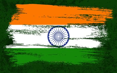 4k, Indiens flagga, grunge flaggor, Asiatiska l&#228;nder, nationella symboler, penseldrag, Indiska flaggan, grunge konst, Indien flagga, Asien, Indien