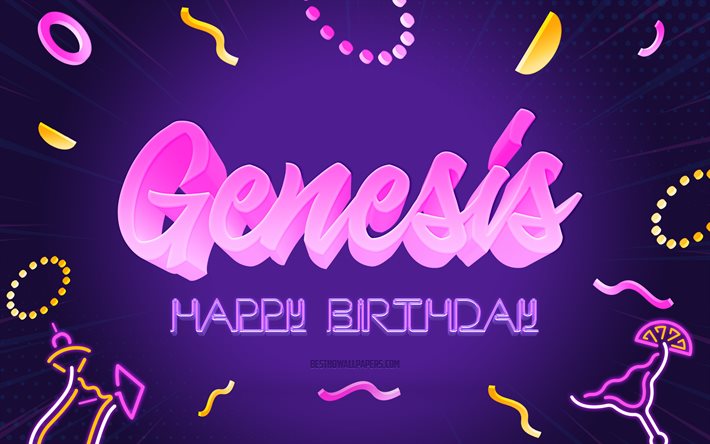 happy birthday genesis, 4k, lila party hintergrund, genesis, kreative kunst, gl&#252;cklich genesis geburtstag, name, geburtstag, geburtstag-party-hintergrund
